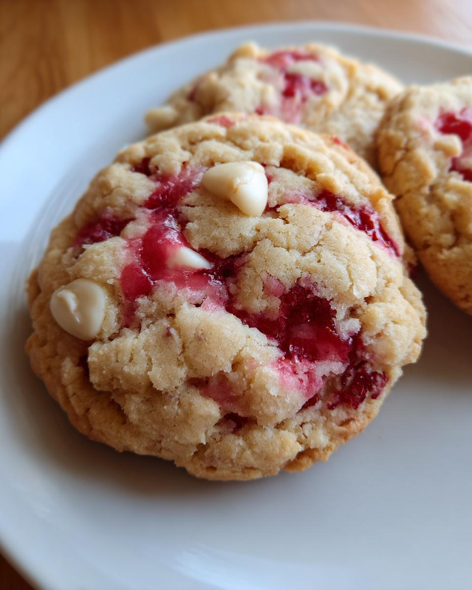 A close-up of a soft raspberry cheesecake cookie featuring bright red raspberry swirls and white chocolate chips on a white plate.