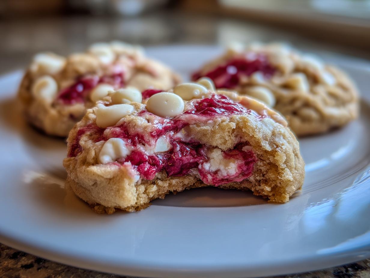 Close-up of a soft raspberry cheesecake cookie, bitten to show the creamy filling and topped with white chocolate chips.