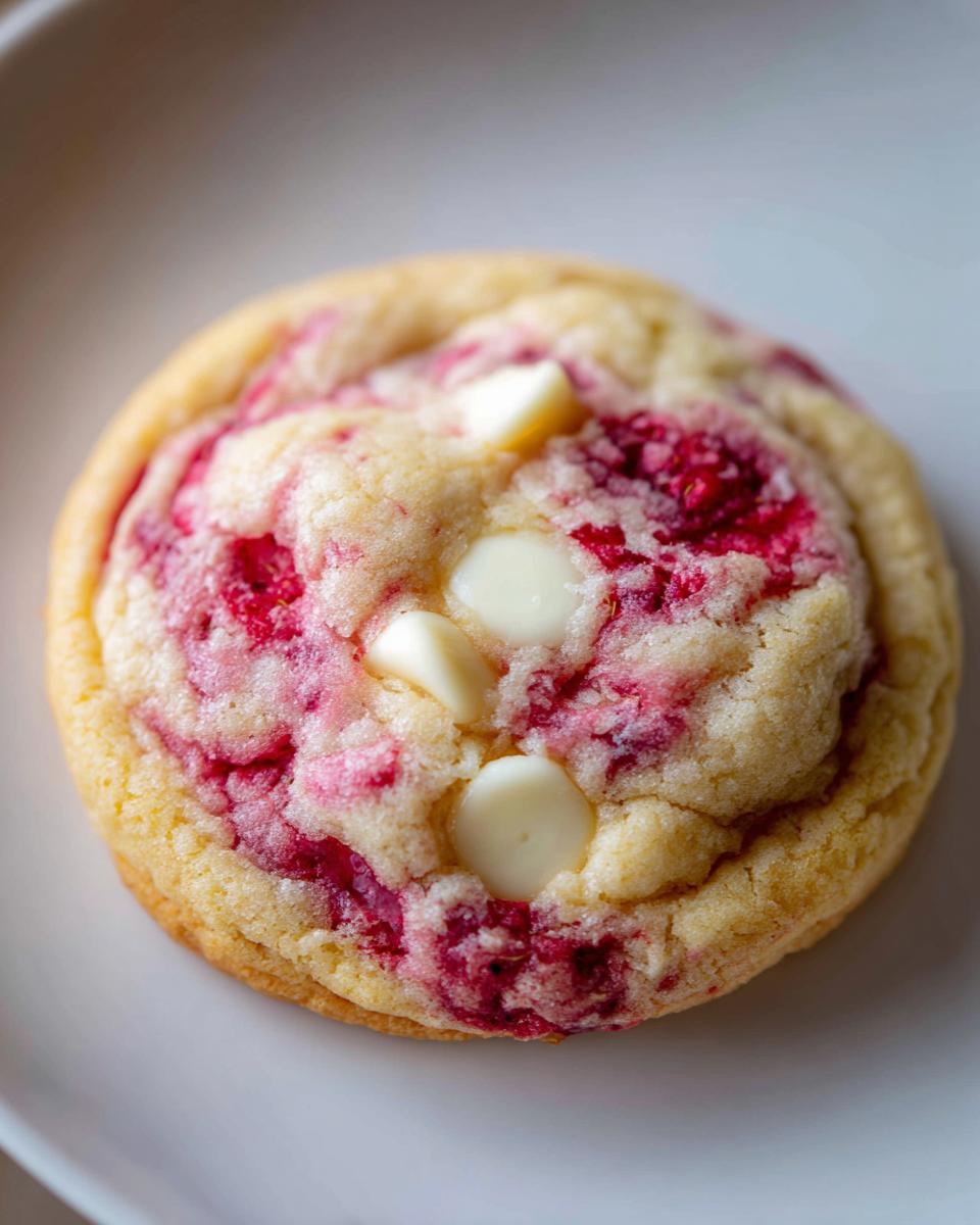 A close-up, top-down view of a soft raspberry cheesecake cookie swirled with bright pink raspberry filling and topped with white chocolate chips.
