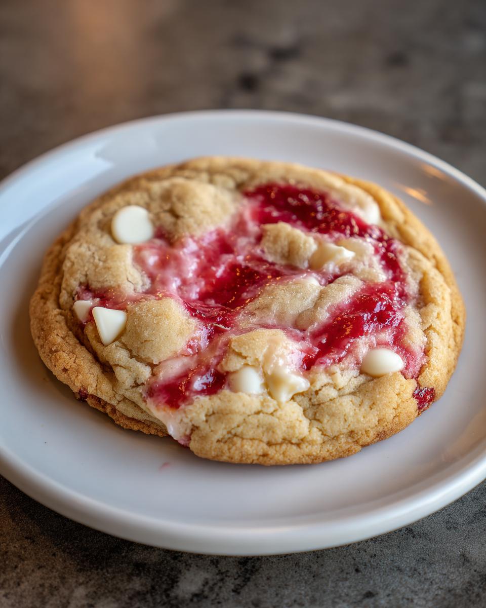 A single soft raspberry cheesecake cookie topped with bright red raspberry swirl and white chocolate chips on a white plate.