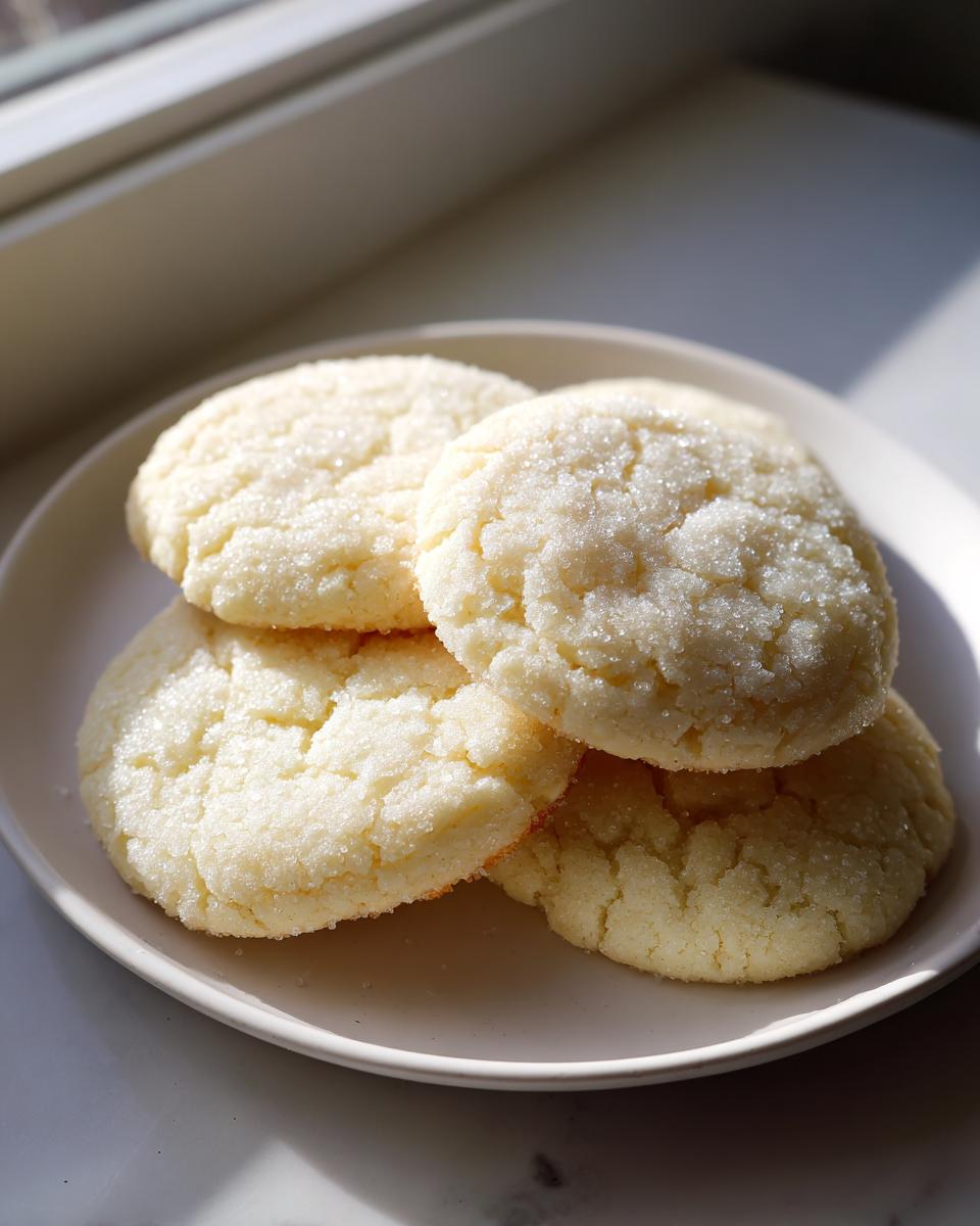 A stack of four freshly baked soft sugar cookies generously coated in sparkling granulated sugar, resting on a white plate.