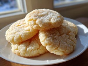 A close-up of a stack of freshly baked soft sugar cookies generously coated in sparkling granulated sugar.