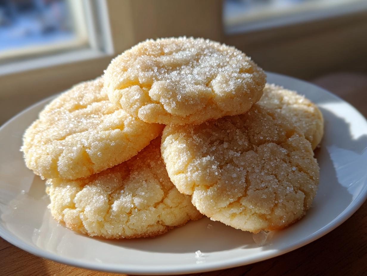 A close-up of a stack of freshly baked soft sugar cookies generously coated in sparkling granulated sugar.