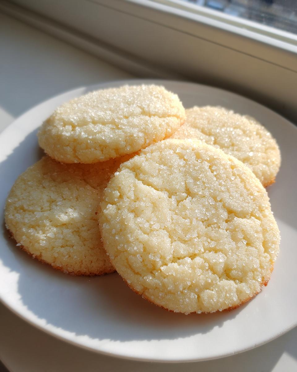 Four freshly baked soft sugar cookies generously coated with sparkling granulated sugar, resting on a white plate.