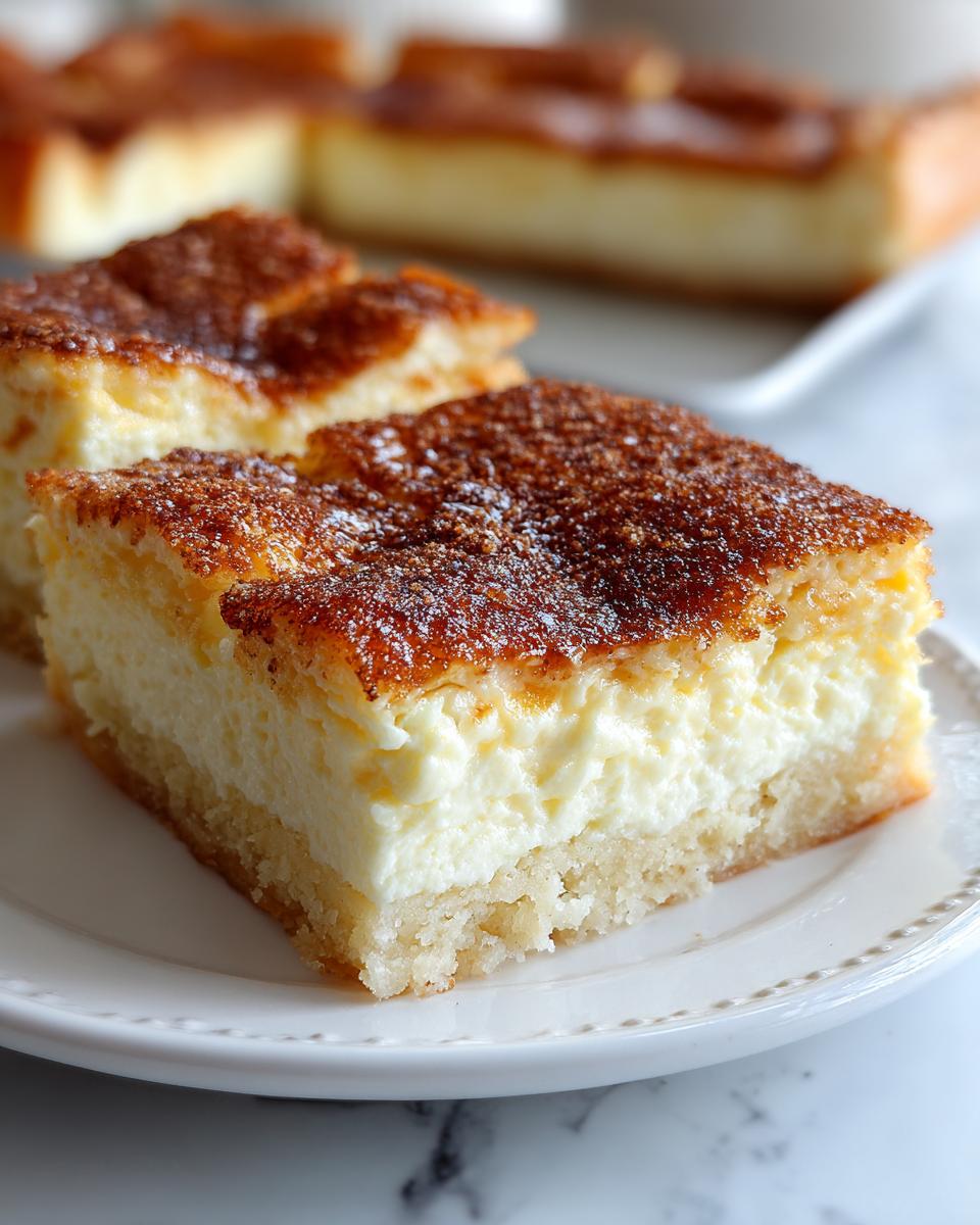 A close-up of a square slice of creamy sopapilla cheesecake with a cinnamon-sugar crust on a white plate.