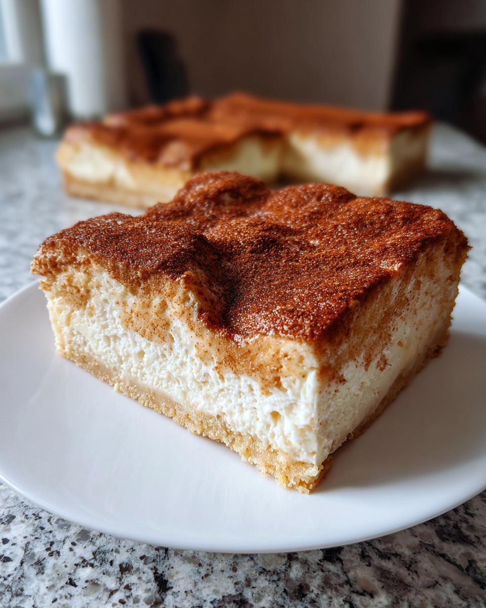 A close-up of a thick slice of sopapilla cheesecake with a creamy white filling and a heavily cinnamon-dusted top.