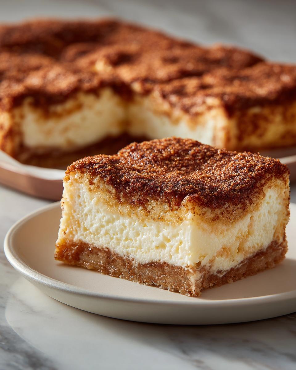 A close-up of a thick slice of sopapilla cheesecake showing the crust, creamy filling, and cinnamon sugar topping.
