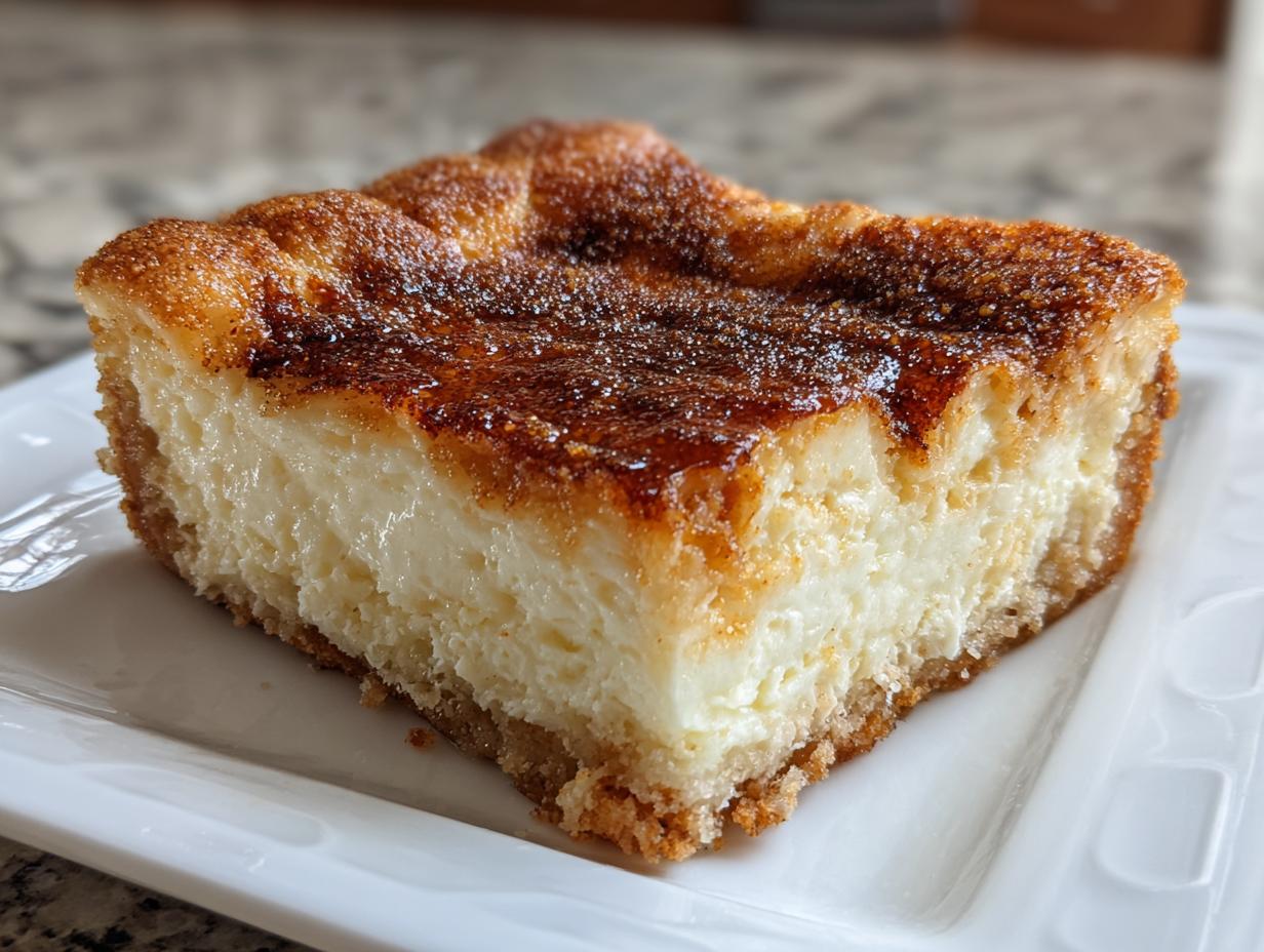 Close-up of a thick slice of creamy sopapilla cheesecake with a golden, cinnamon-sugar top.