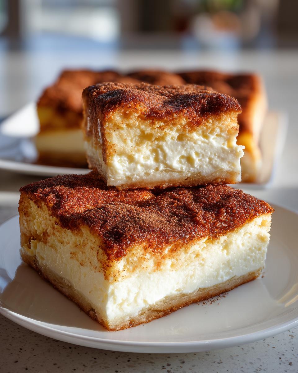 Two stacked squares of creamy sopapilla cheesecake topped with a rich cinnamon-sugar crust, served on a white plate.
