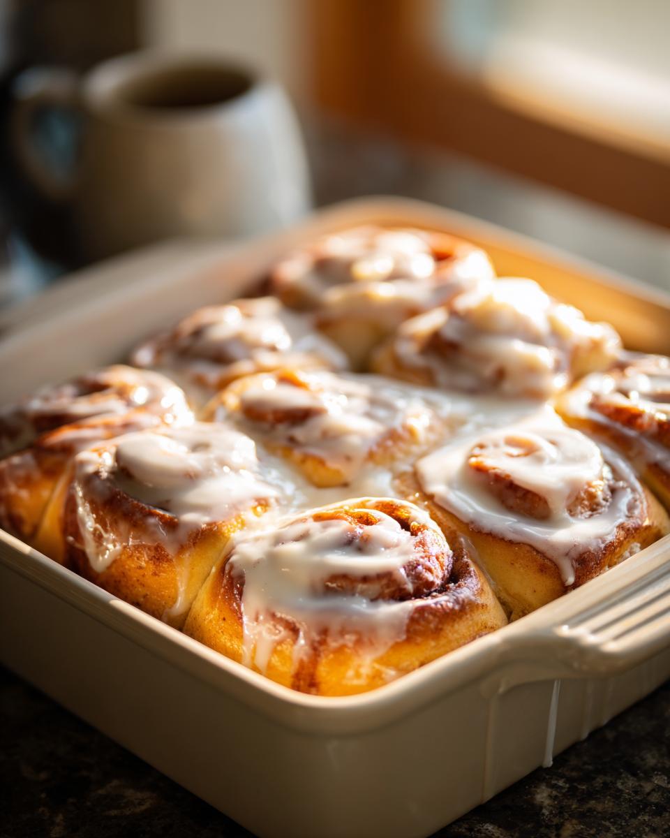 Close-up of freshly baked sourdough discard cinnamon rolls covered in white icing in a baking dish.