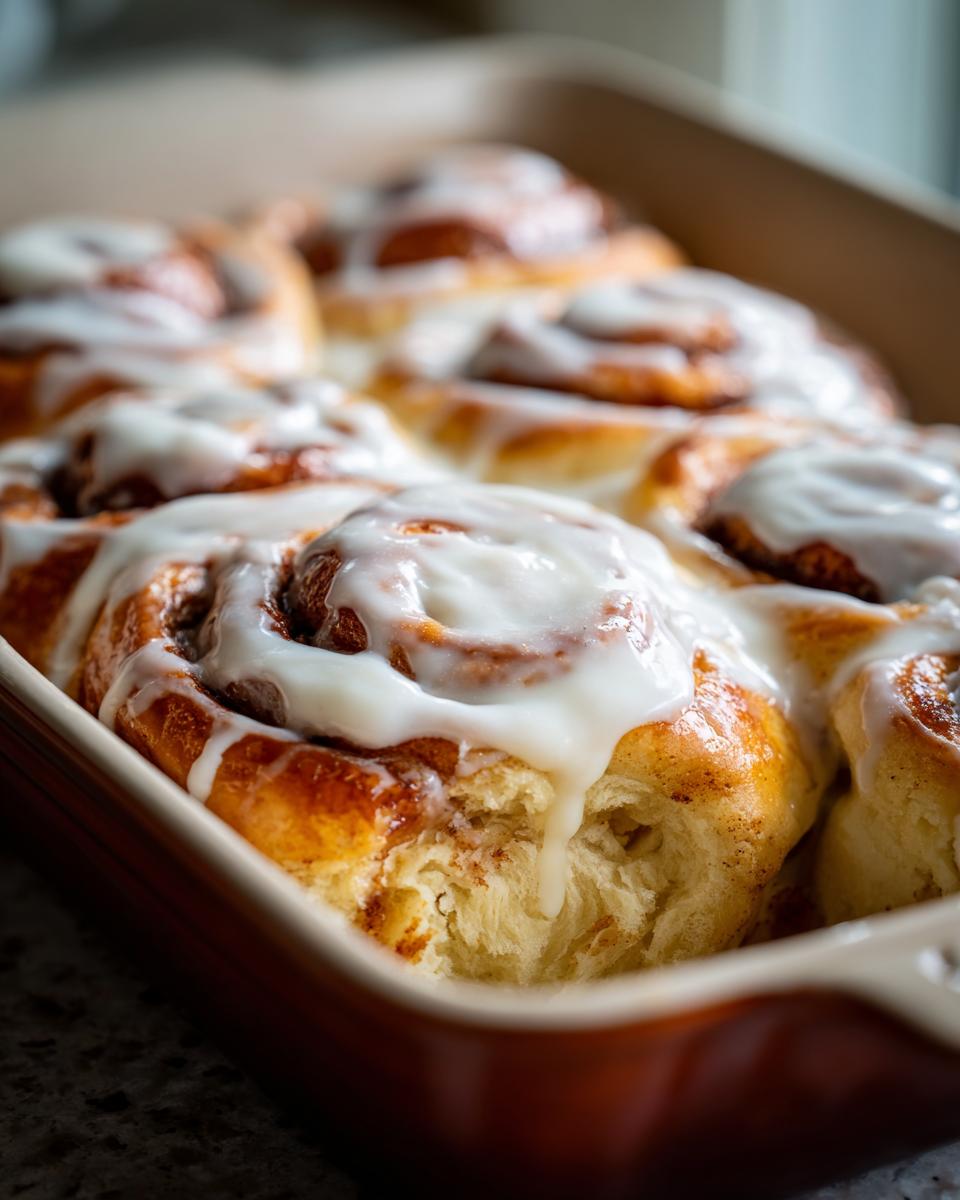 Close-up of soft sourdough discard cinnamon rolls baked together in a dish, generously topped with white icing.