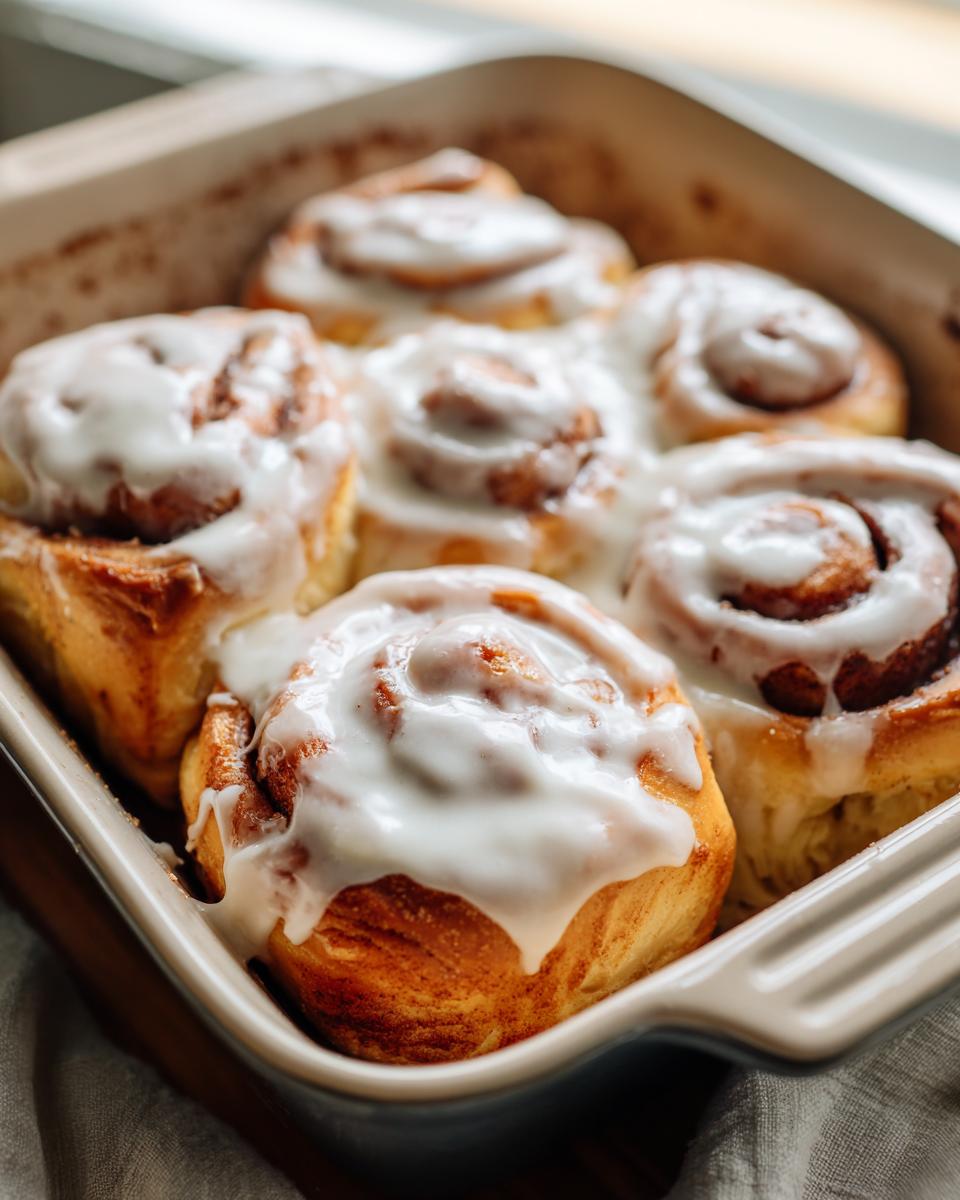 Close-up of freshly baked sourdough discard cinnamon rolls topped generously with white cream cheese icing in a baking dish.