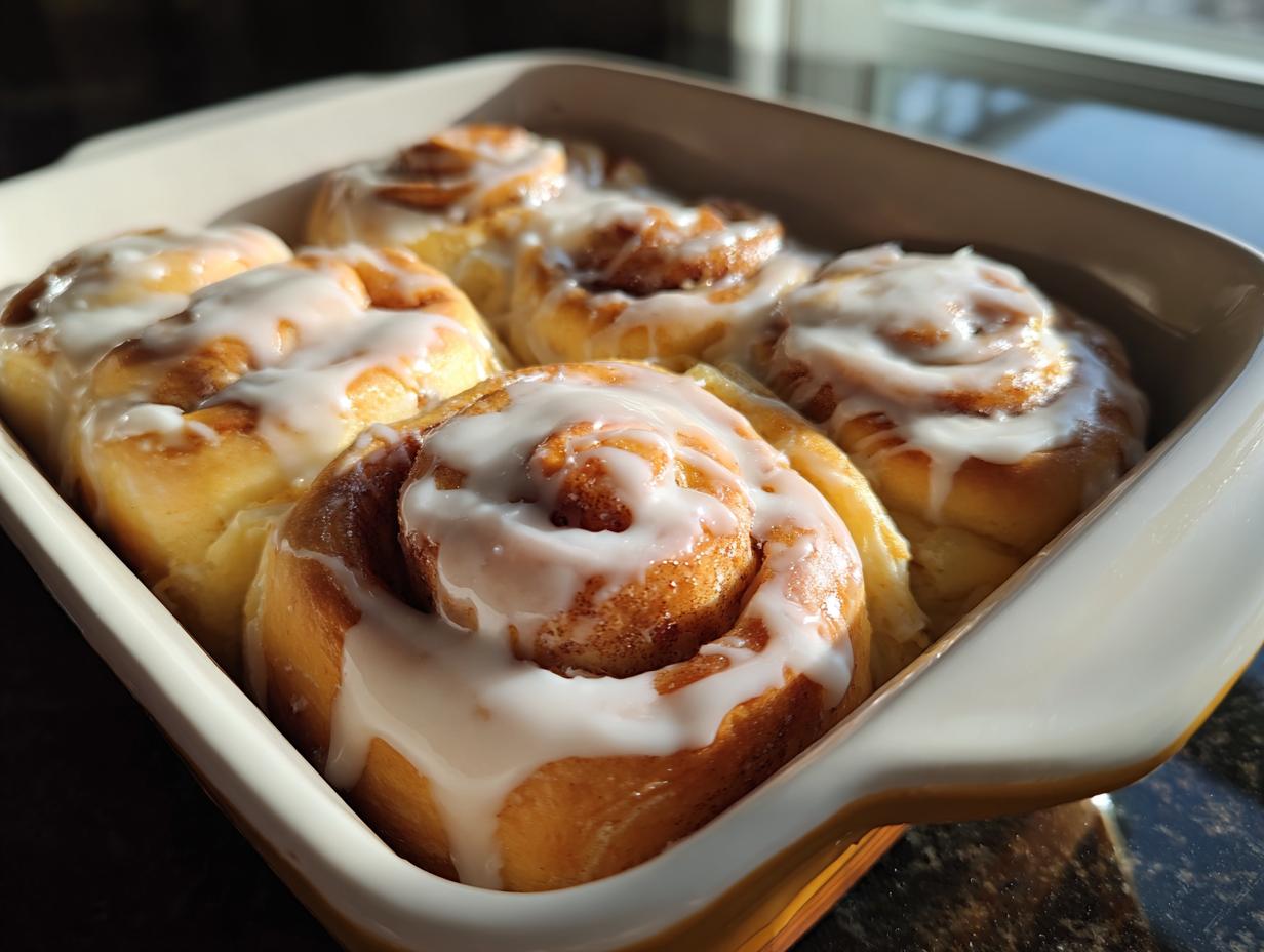 A close-up of freshly baked sourdough discard cinnamon rolls topped with white icing in a baking dish.