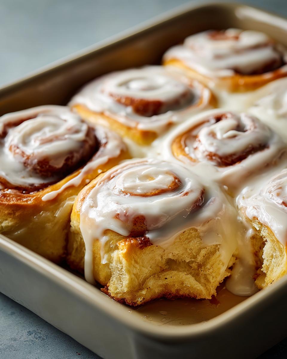 Close-up of gooey sourdough discard cinnamon rolls baked together in a pan, generously topped with white cream cheese icing.