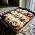A pan of nine freshly baked sourdough discard cinnamon rolls generously topped with white icing.