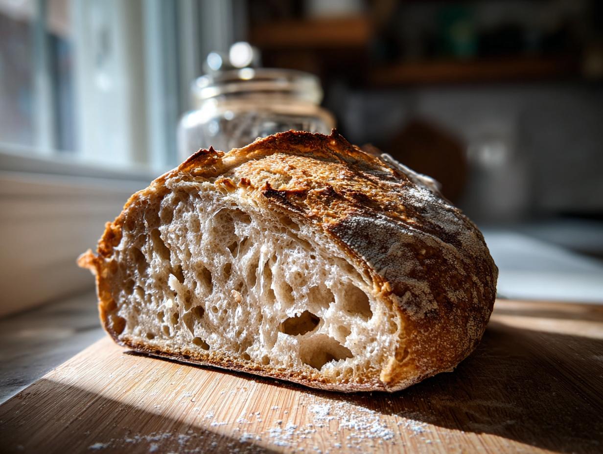 A close-up of a freshly baked sourdough bread loaf cut in half, showing an open, airy crumb structure, proof of a successful sourdough starter.