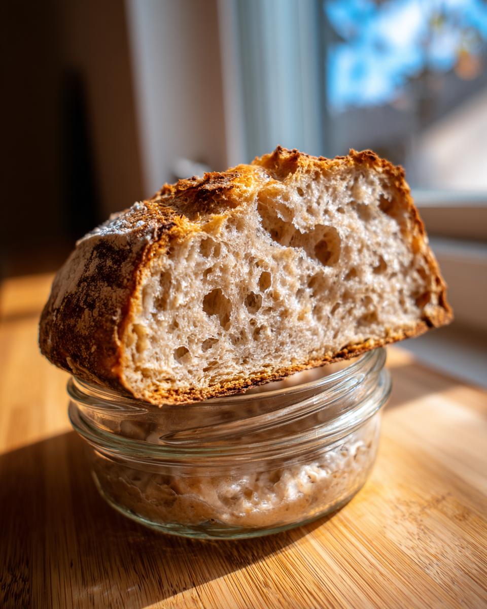 A slice of artisan sourdough bread resting on top of a glass jar containing active sourdough starter.