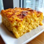 A thick, square slice of creamy southern baked macaroni and cheese with a golden, bubbly, and slightly browned top crust.
