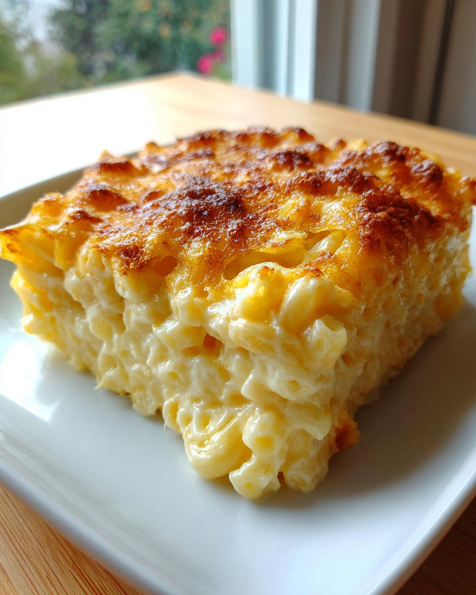A square serving of creamy southern baked macaroni and cheese with a golden brown, bubbly cheese crust.