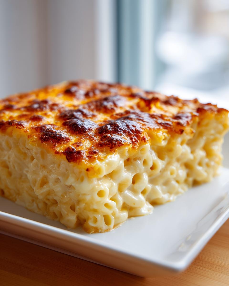 A thick, creamy slice of southern baked macaroni and cheese with a golden-brown, bubbly cheese crust.