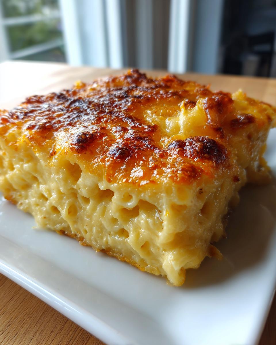 A close-up of a creamy, baked slice of southern baked macaroni and cheese with a perfectly golden-brown, bubbly cheese crust.