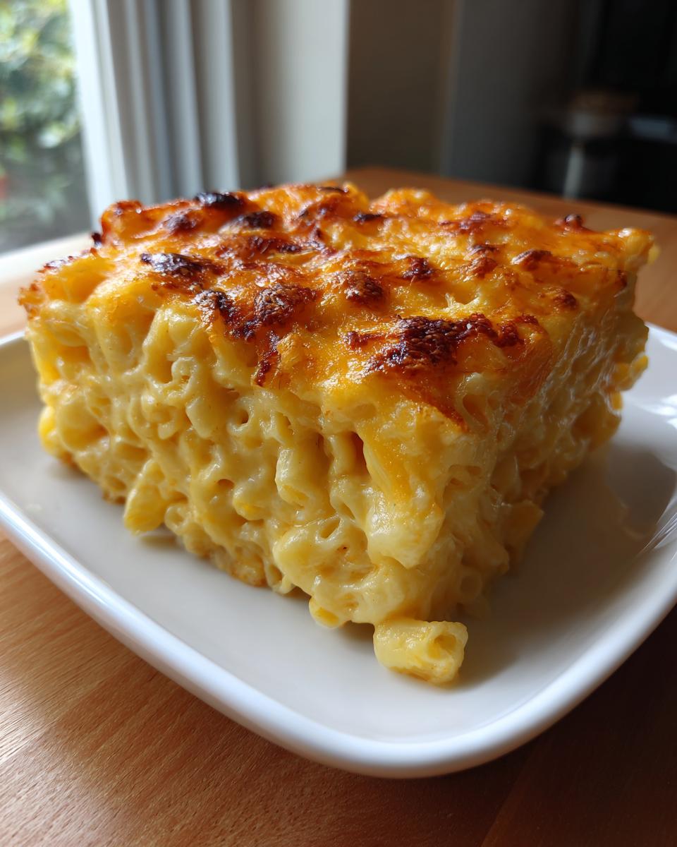 A thick, square slice of creamy southern baked macaroni and cheese with a golden-brown, bubbly crust.