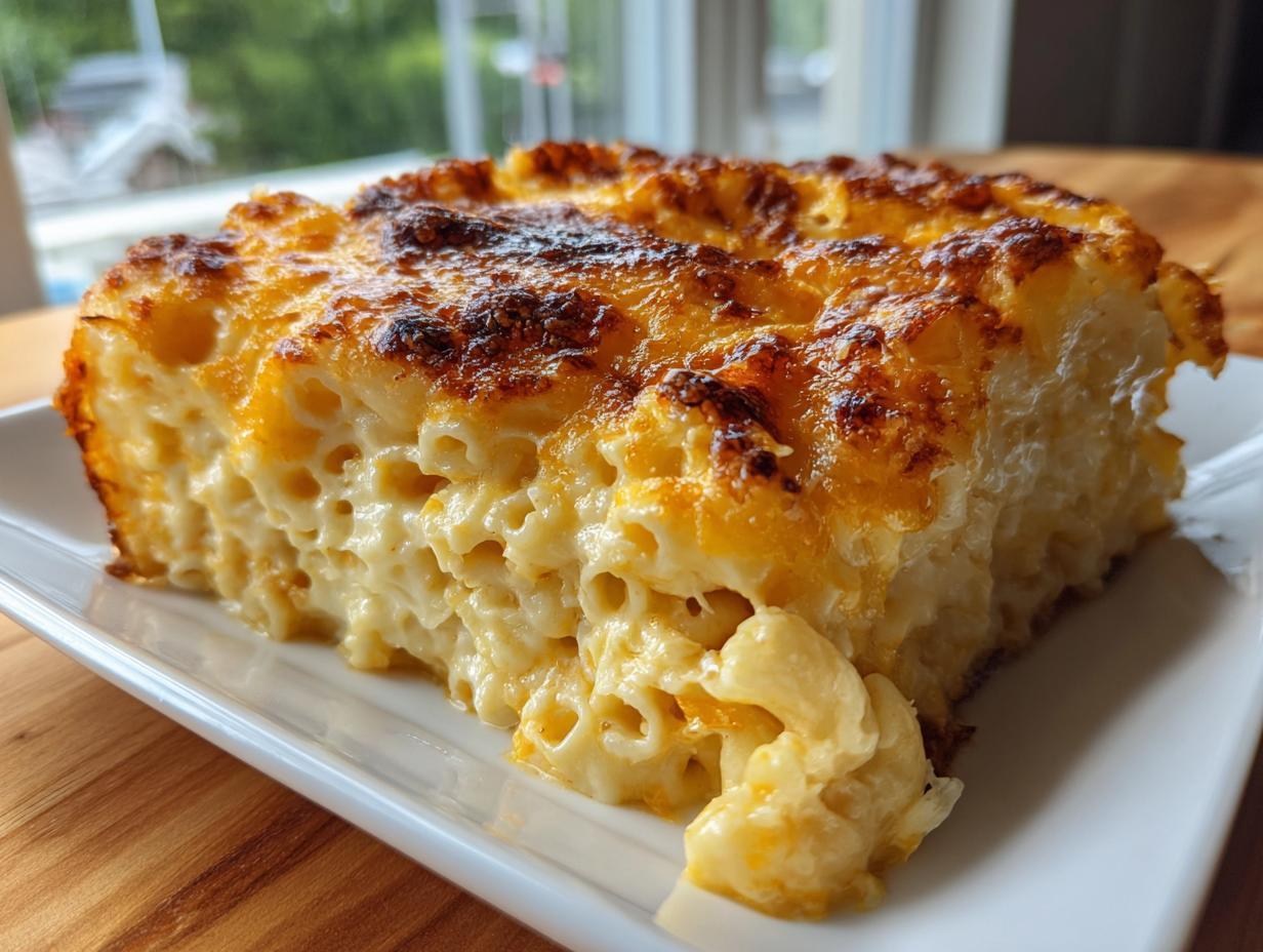 A thick, creamy slice of southern baked macaroni and cheese with a perfectly browned, cheesy crust.