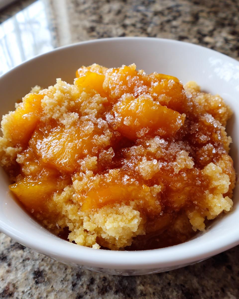 Close-up of a serving of warm southern peach cobbler in a white bowl, topped with coarse sugar.