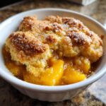 Close-up of a warm serving of southern peach cobbler in a white bowl, showing juicy peaches and a sugary biscuit topping.