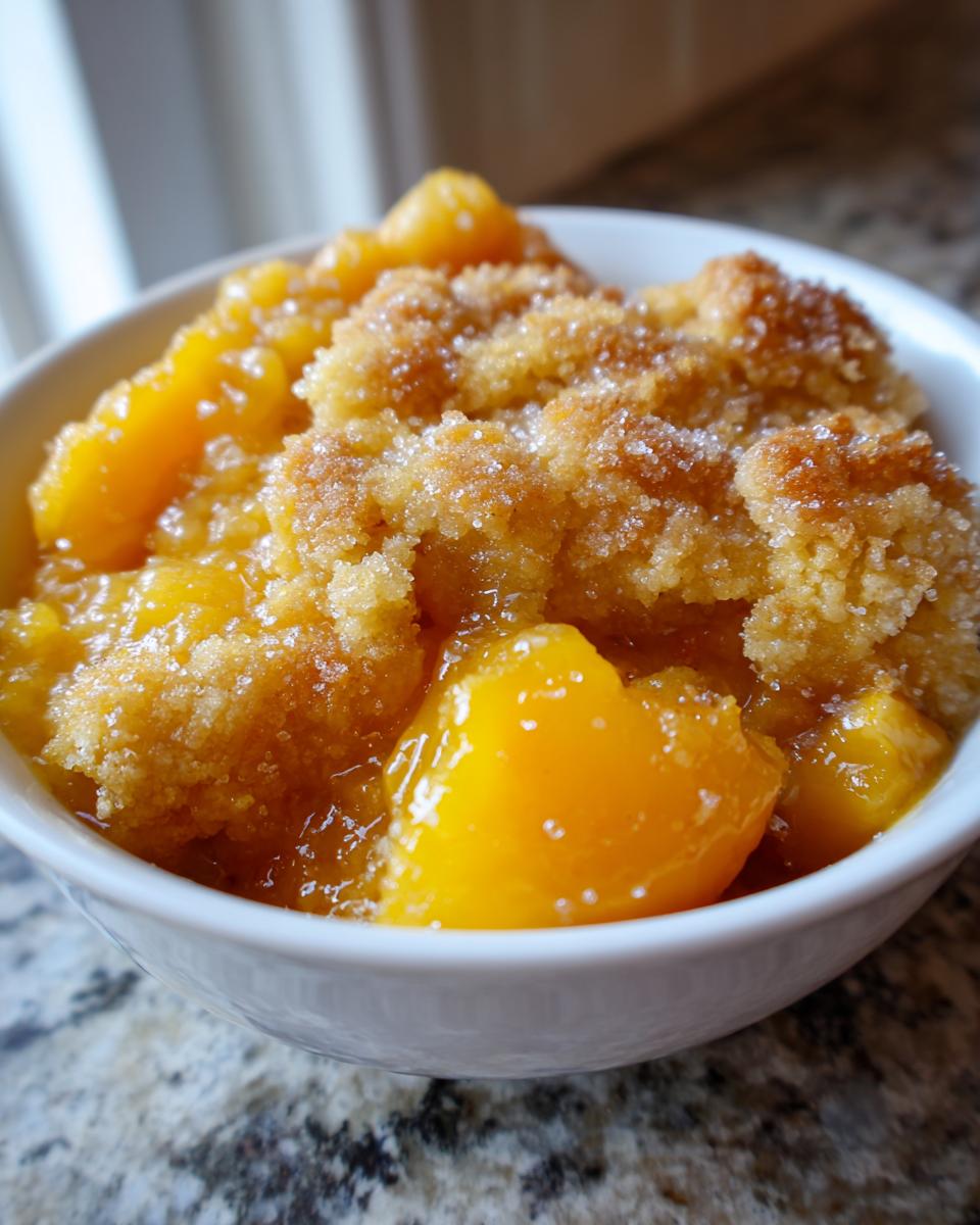 Close-up of a serving of warm southern peach cobbler topped with sugary crumble in a white bowl.