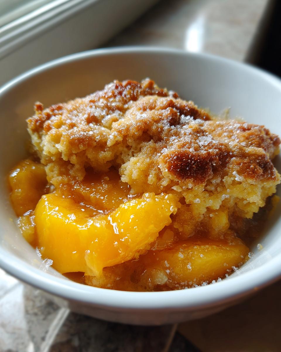 Close-up of a warm serving of southern peach cobbler with syrupy peaches and a sugary, baked topping in a white bowl.