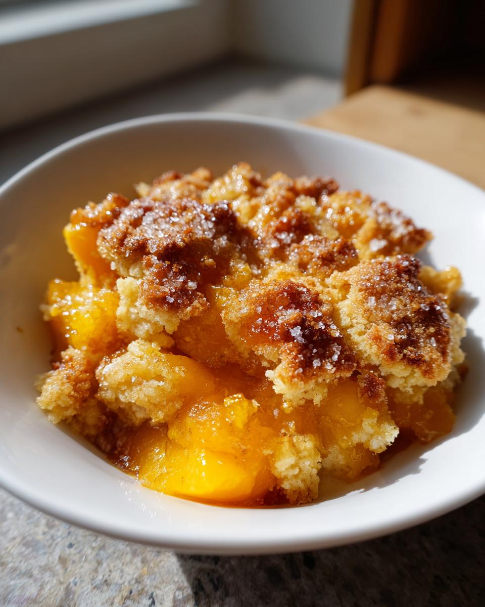 Close-up of a serving of amazing southern peach cobbler in a white bowl, featuring syrupy peaches and a crumbly, sugared topping.