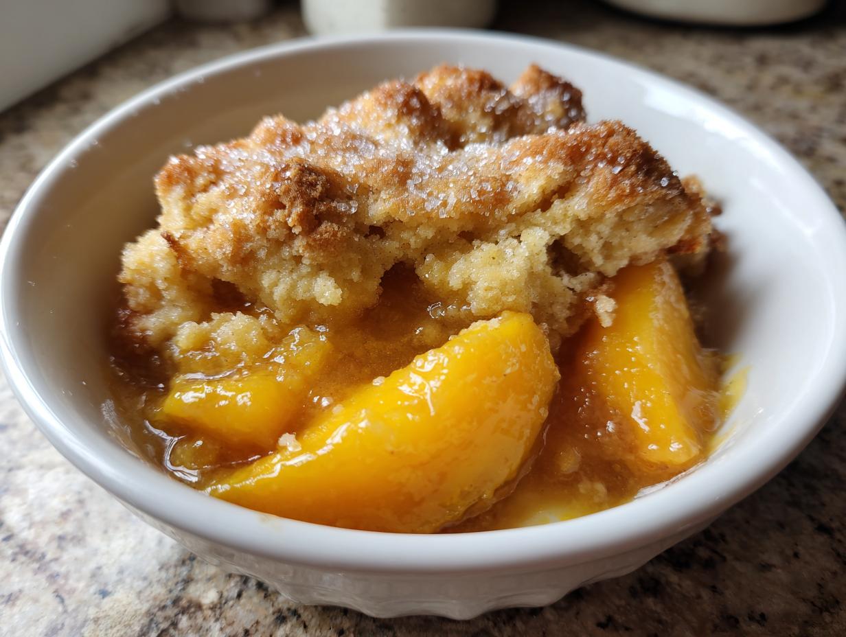 Close-up of a single serving of southern peach cobbler in a white bowl, showing juicy peaches and a sugary biscuit topping.