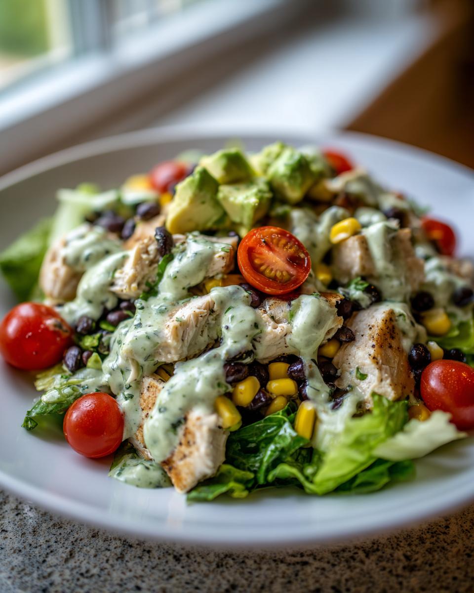 A vibrant southwest chicken salad featuring grilled chicken, black beans, corn, avocado, and cherry tomatoes drizzled with creamy green dressing.