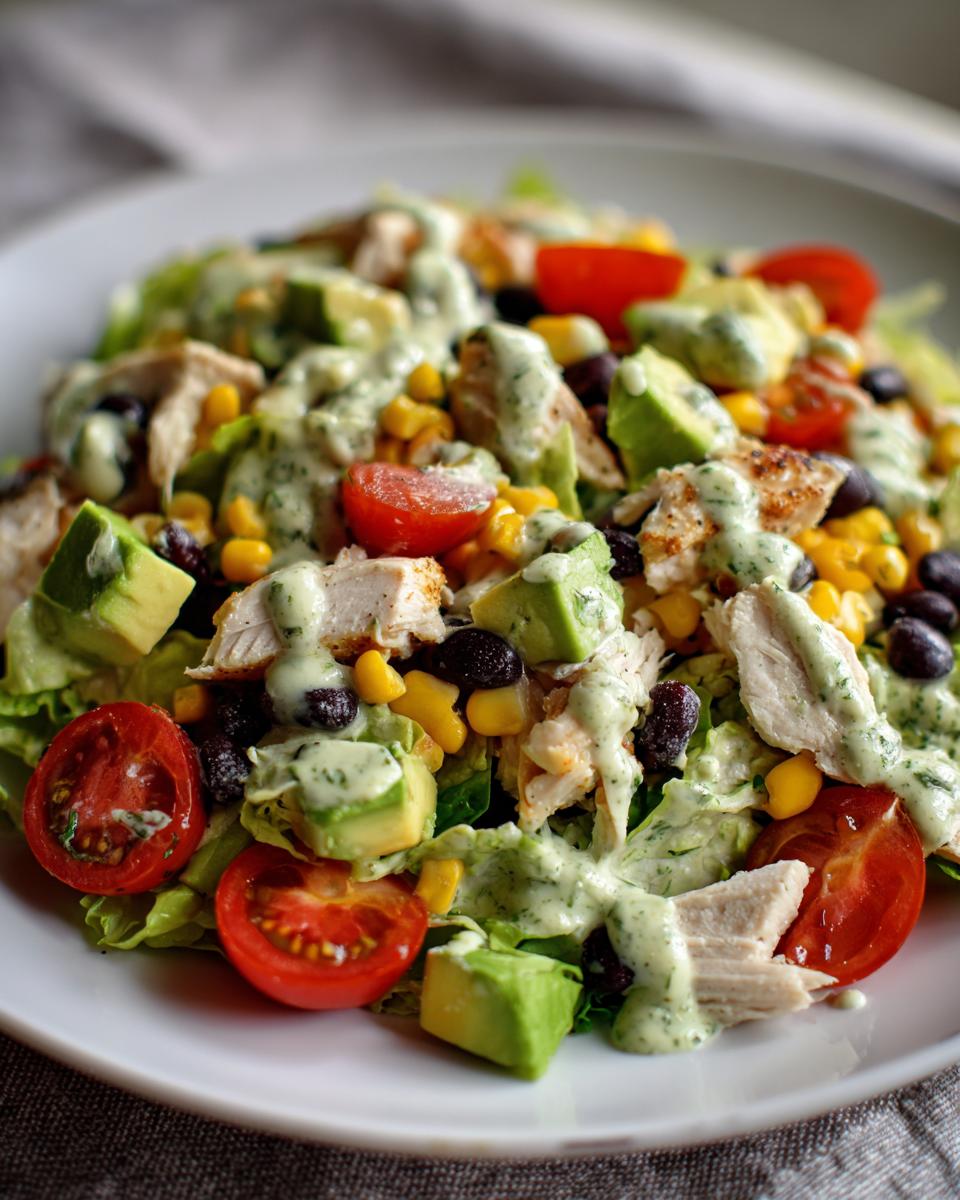A vibrant plate of southwest chicken salad featuring grilled chicken, avocado, corn, black beans, tomatoes, and creamy green dressing.