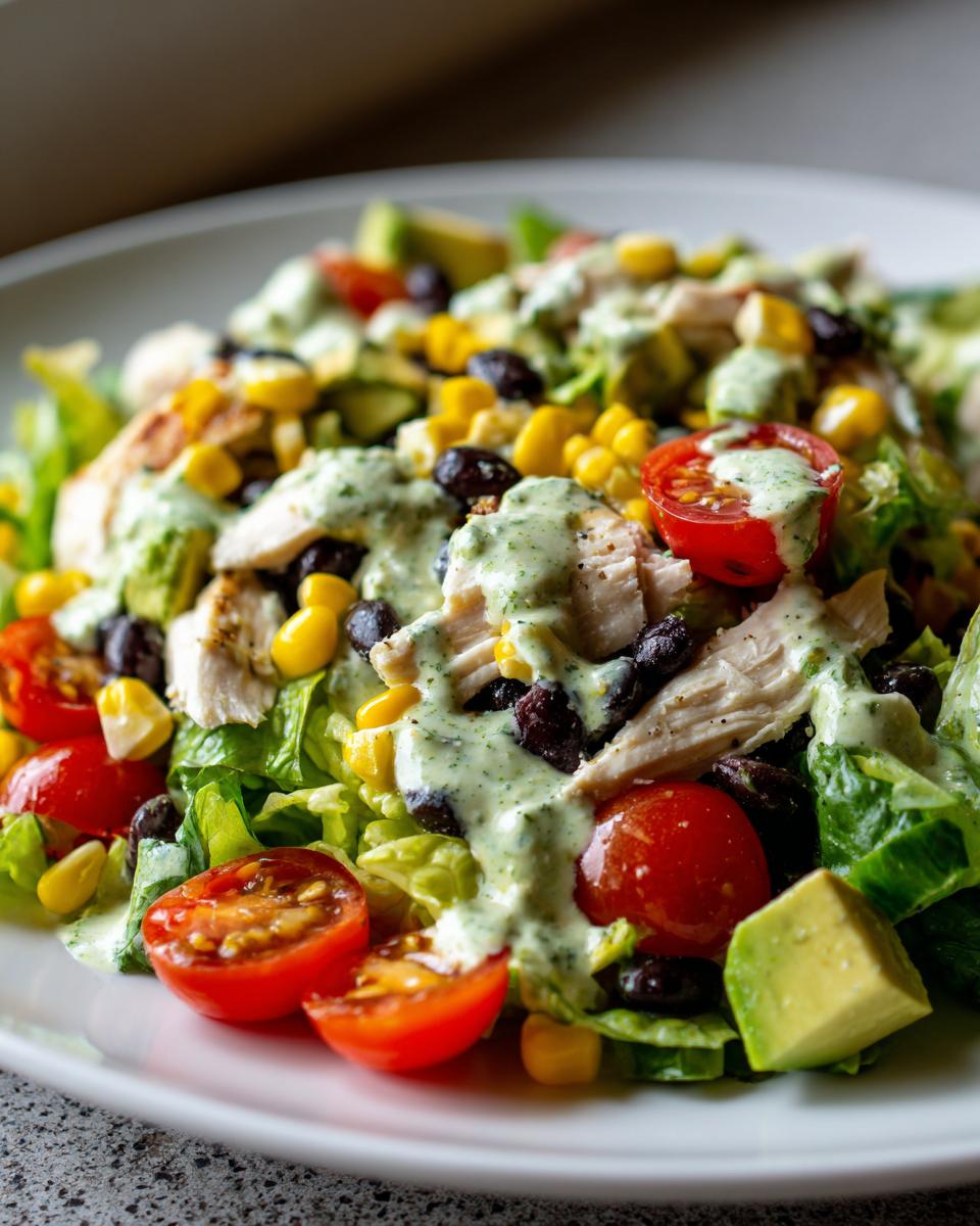 A vibrant bowl of southwest chicken salad featuring grilled chicken, corn, black beans, avocado, tomatoes, and a creamy green dressing.
