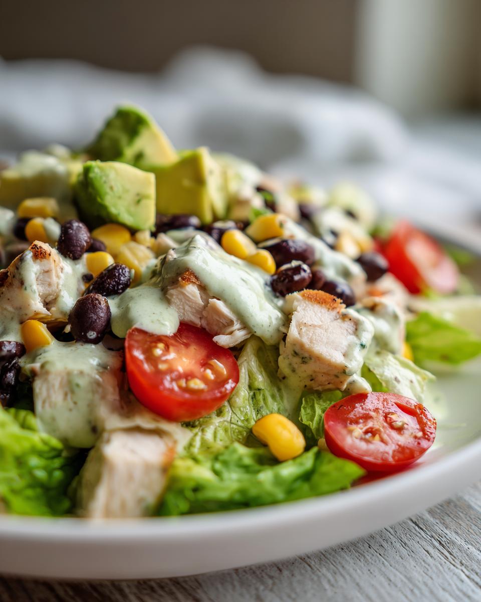 Close-up of a vibrant southwest chicken salad featuring grilled chicken, black beans, corn, tomatoes, avocado, and a creamy green dressing.