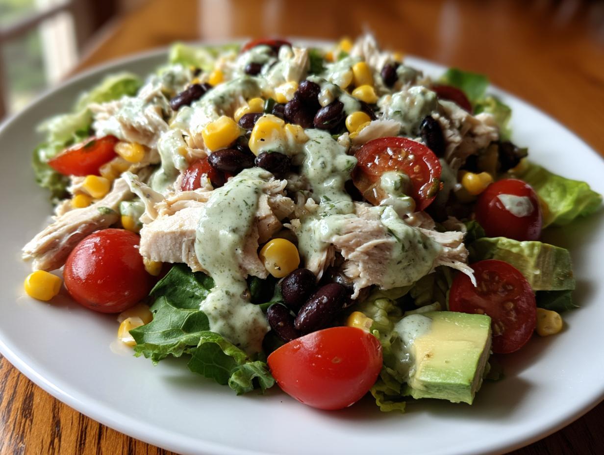 A vibrant plate of southwest chicken salad featuring shredded chicken, black beans, corn, avocado, tomatoes, and creamy green dressing.