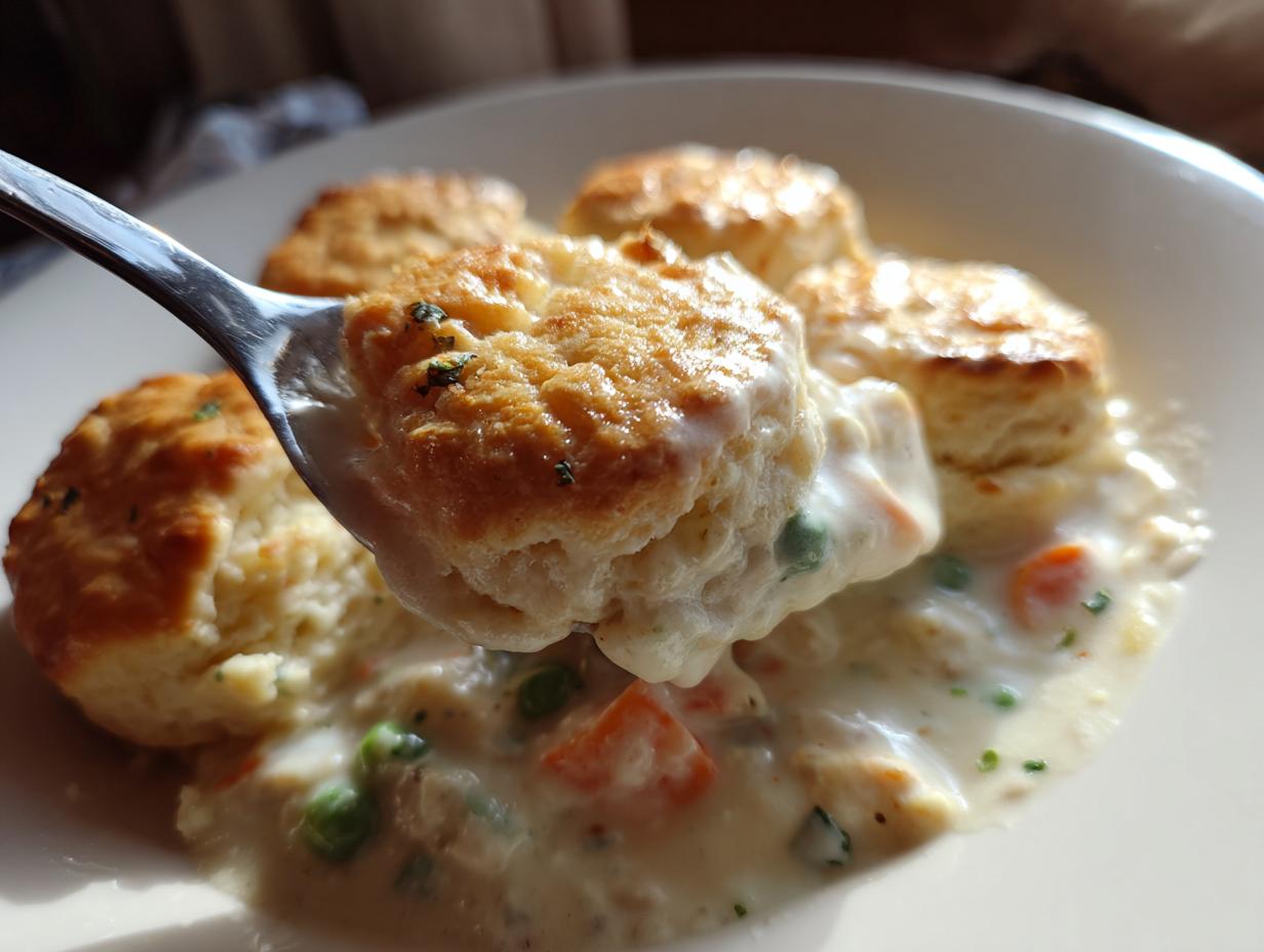A spoonful of creamy chicken pot pie casserole filling topped with a golden biscuit being lifted from a bowl.