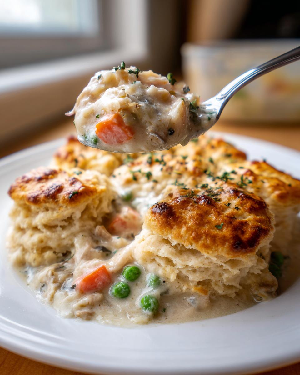 A spoonful of creamy chicken pot pie casserole filling with carrots and peas being lifted above the main dish.