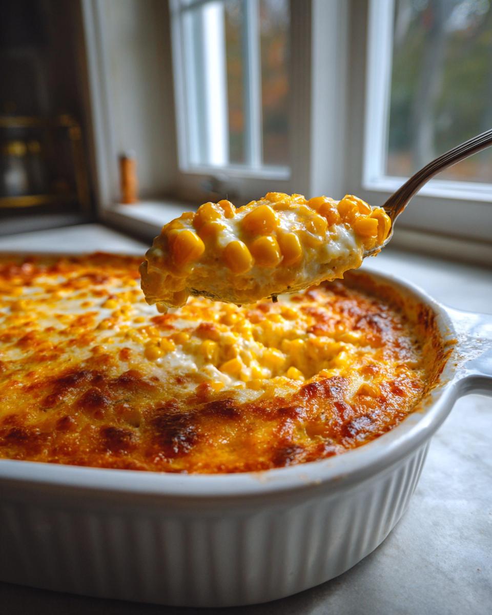 A spoonful of creamy, cheesy elote dip being lifted from a white baking dish.