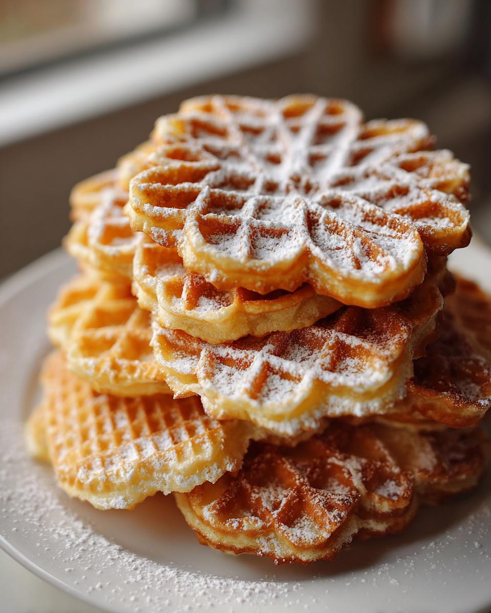 A tall stack of freshly made, golden pizzelle cookies shaped like flowers and dusted generously with powdered sugar.