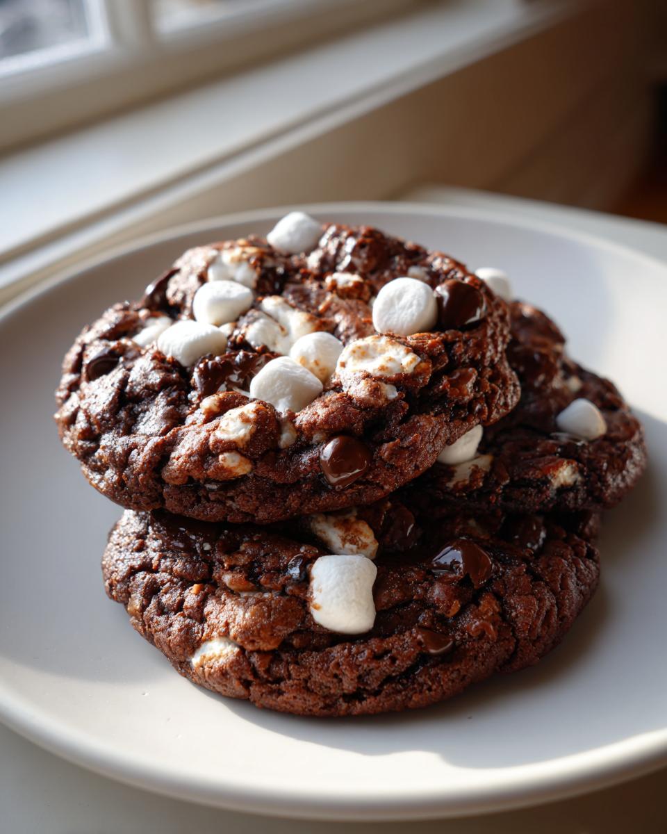 A stack of three rich, dark chocolate hot chocolate cookies topped with melted chocolate chips and mini marshmallows.