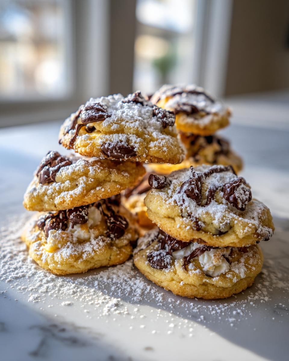 A stack of golden brown cannoli cookies topped with chocolate chips and dusted heavily with powdered sugar.