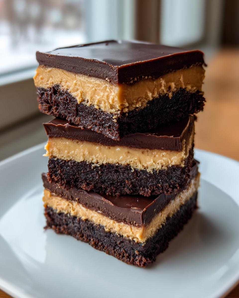 A vertical stack of three rich buckeye brownies, showing the dark chocolate base, peanut butter layer, and chocolate topping.
