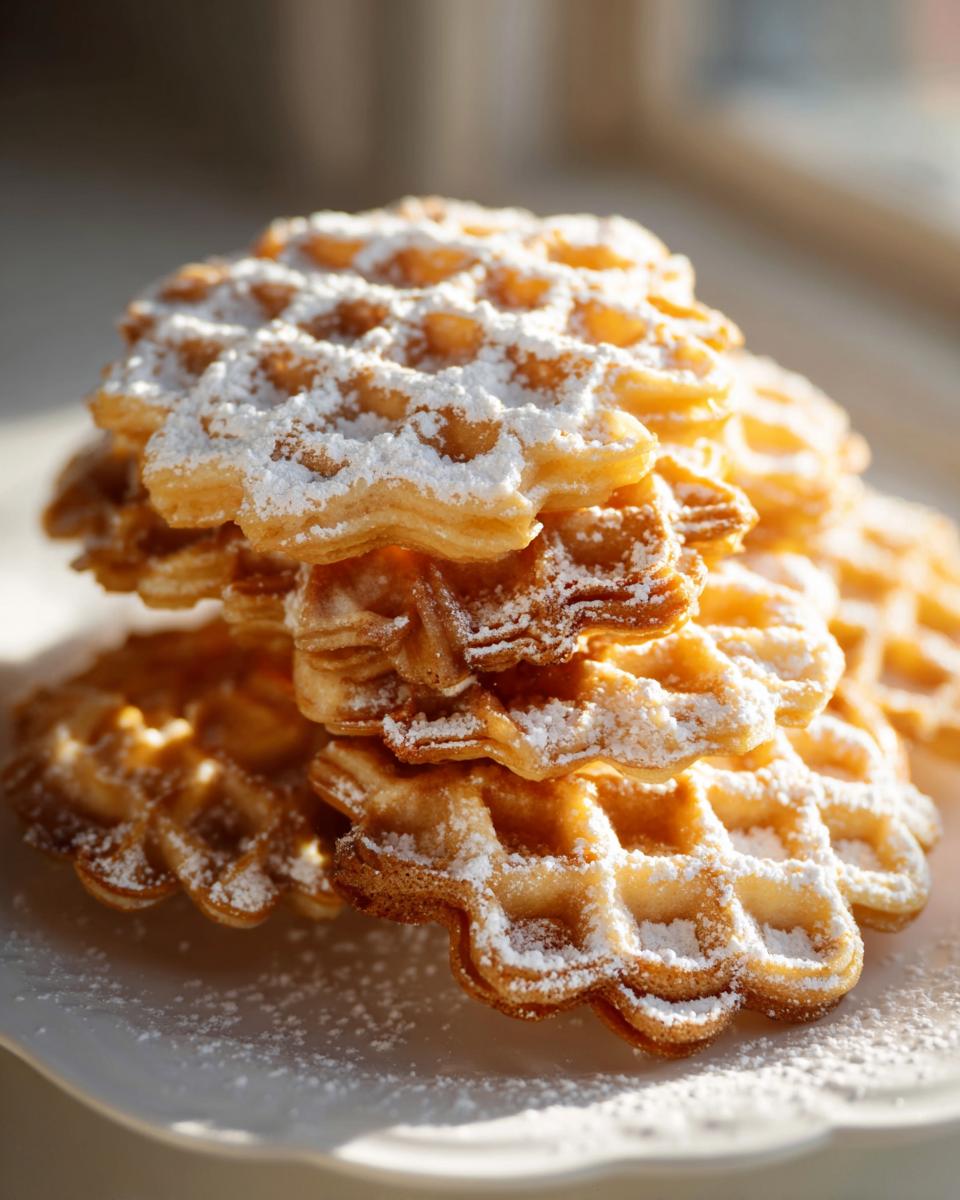 A stack of golden brown pizzelle cookies dusted heavily with powdered sugar, catching the sunlight.