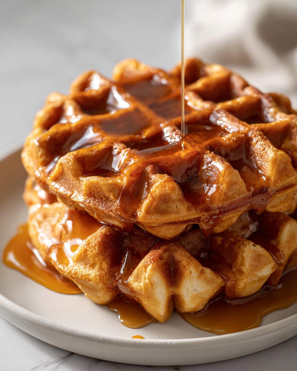 Close-up of a stack of golden pumpkin waffles being drizzled with rich amber syrup.