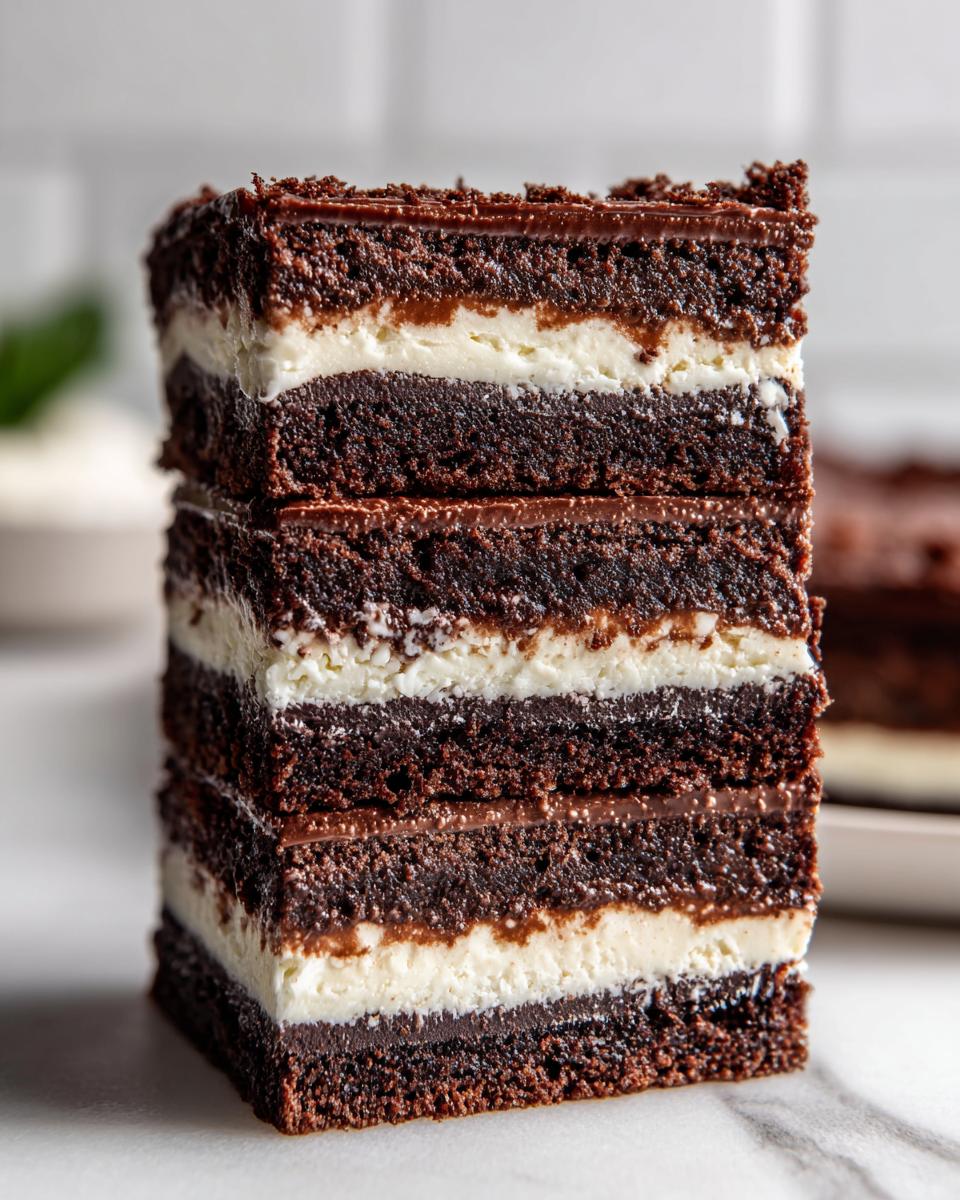 A tall stack of three rich, dark chocolate brownie refrigerator cake squares layered with white cream filling.