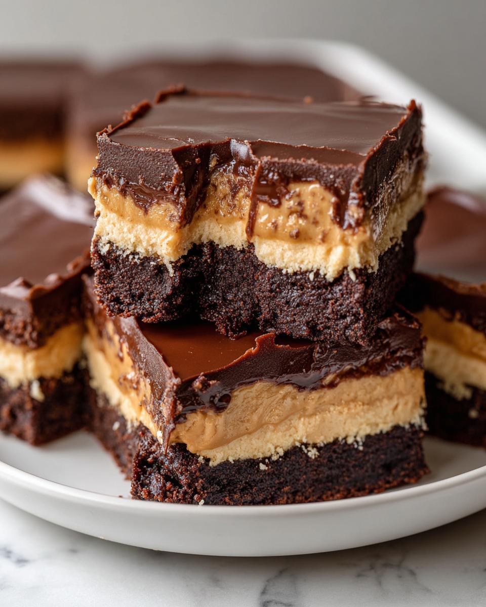 A stack of three rich buckeye brownies showing the distinct chocolate, peanut butter, and fudge layers, with a bite taken from the top one.