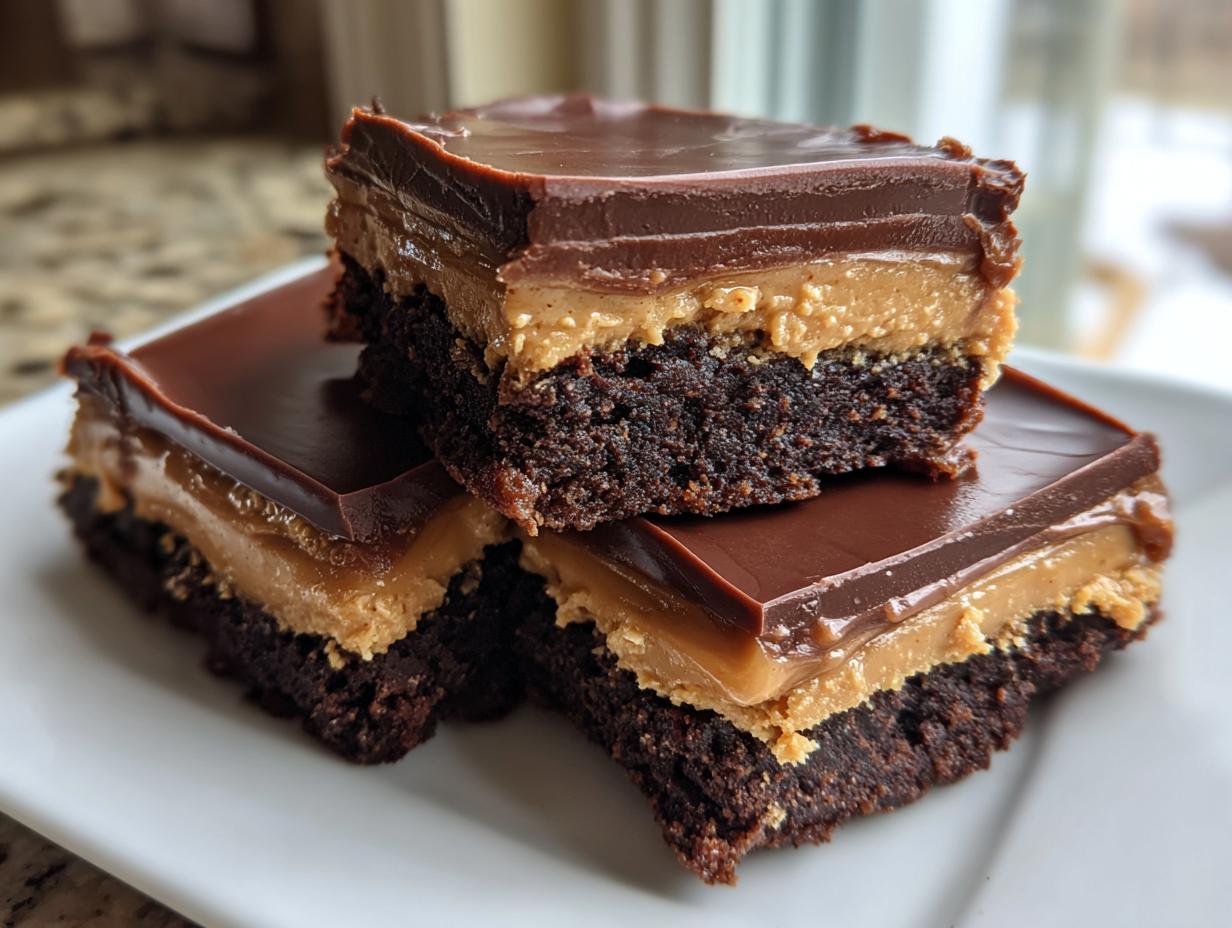 Three stacked squares of rich buckeye brownies featuring a dense chocolate base, thick peanut butter layer, and smooth chocolate topping.